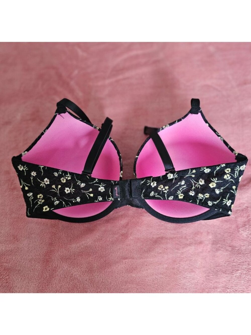 Black Floral Lace Victorias Secret Pink 34DD Push-Up Bra W/Adj Straps & Back - Picture 10 of 15